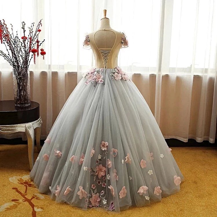 Grey Ball Gown 3D Flowers Princess Party Gown, Sweet 16 Classy Dress Grey Classy Dress