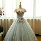 Grey Ball Gown 3D Flowers Princess Party Gown, Sweet 16 Classy Dress Grey Classy Dress