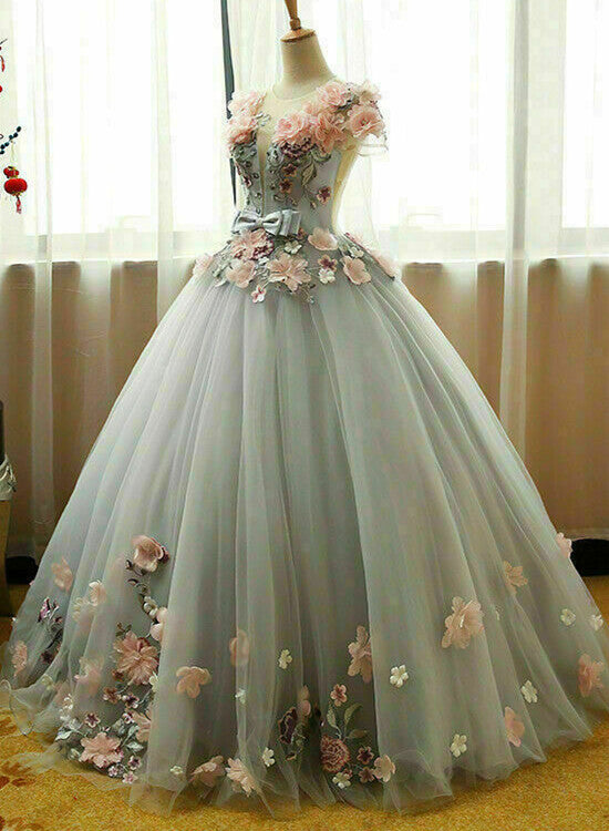 Grey Ball Gown 3D Flowers Princess Party Gown, Sweet 16 Classy Dress Grey Classy Dress Main image