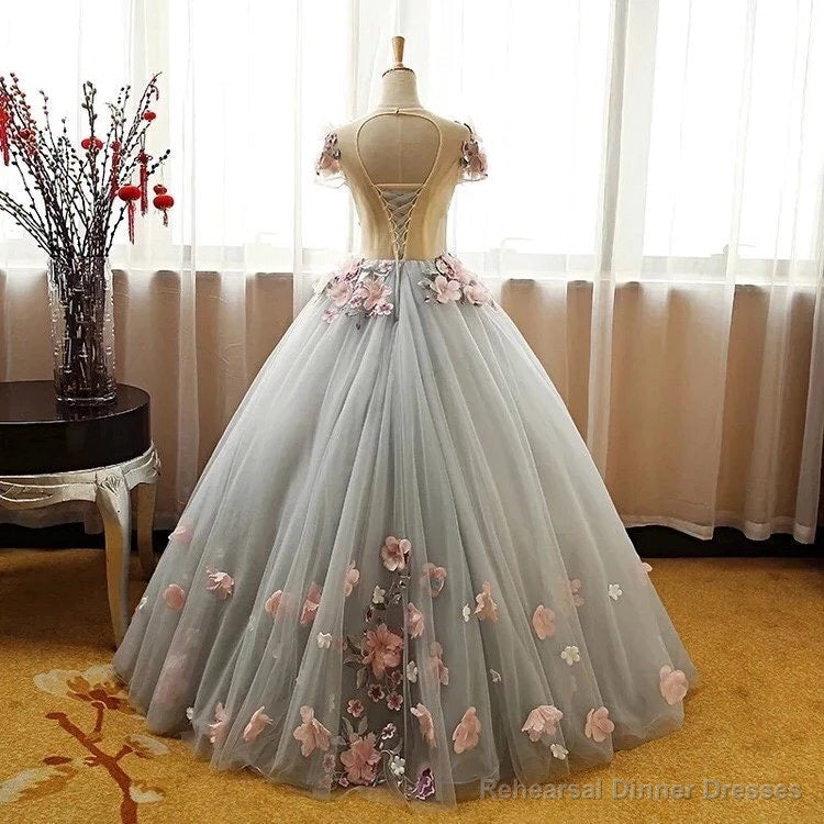 Grey Ball Gown 3D Flowers Princess Party Gown,Sweet 16 Quinceanera Dress Ball Gowns Secondary image