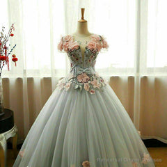 Grey Ball Gown 3D Flowers Princess Party Gown,Sweet 16 Quinceanera Dress Ball Gowns