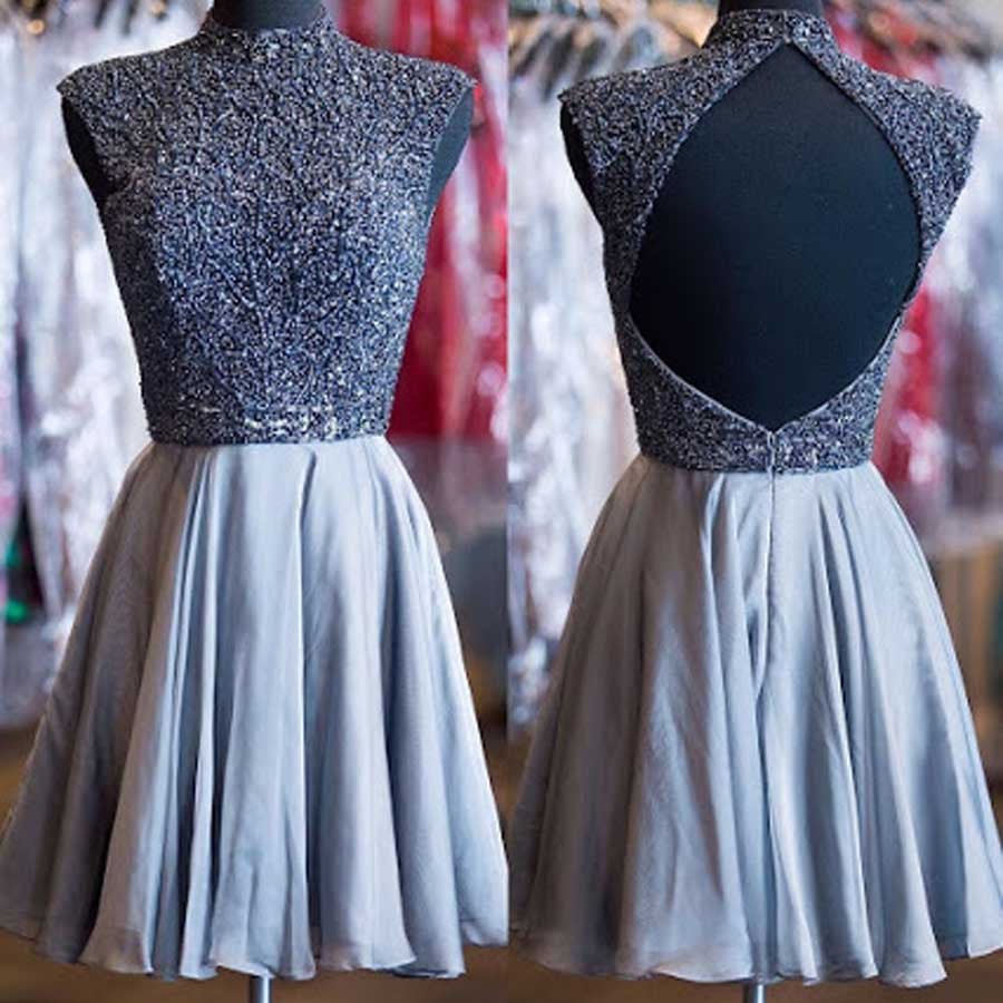 Grey beads sparkly high neck open back vintage elegant homecoming Classy Prom Dress
