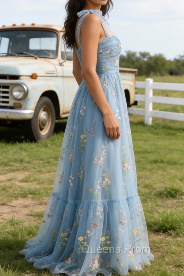 Grey Blue A-Line Spaghetti Straps Tulle Long Prom Dress With Embroidery