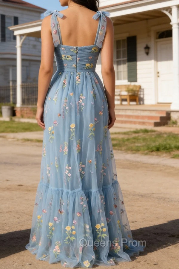 Grey Blue A-Line Spaghetti Straps Tulle Long Prom Dress With Embroidery