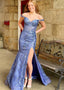 Grey Blue Sequin Lace Off the Shoulder Mermaid Prom Dress