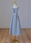 Grey Blue Tea Length Satin Straps Formal Dress, A-line Wedding Party Dress