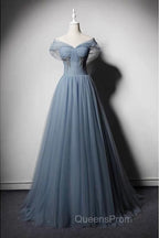 Grey-Blue Tulle Off Shoulder Beaded Long Evening Prom Dress Party Dress, Long Evening Gowns