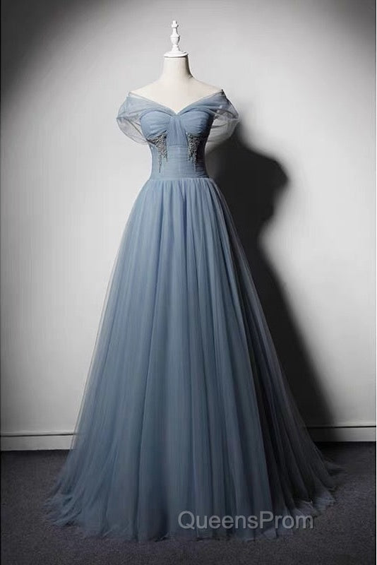 Grey-Blue Tulle Off Shoulder Beaded Long Evening Prom Dress Party Dress, Long Evening Gowns