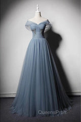Grey-Blue Tulle Off Shoulder Beaded Long Evening Prom Dress Party Dress, Long Evening Gowns