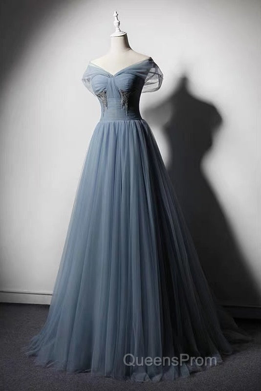 Grey-Blue Tulle Off Shoulder Beaded Long Evening Prom Dress Party Dress, Long Evening Gowns
