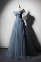Grey-Blue Tulle Off Shoulder Beaded Long Evening Prom Dress Party Dress, Long Evening Gowns