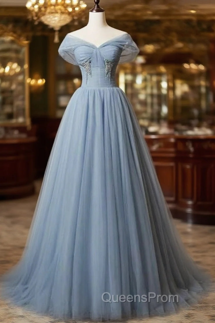 Grey-Blue Tulle Off Shoulder Beaded Long Evening Prom Dress Party Dress, Long Evening Gowns Main image