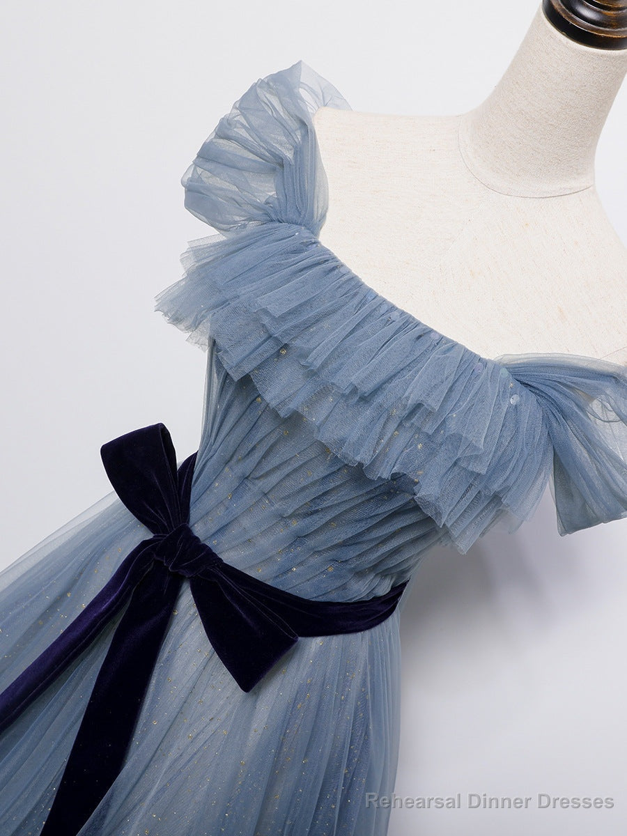 Grey-Blue Tulle Off Shoulder Long Party Dress with Bow, A-line Floor Length Prom Dress Secondary image