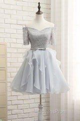 Grey Lace And Organza Homecoming Dress, Lovely Homecoming Dress , Short Evening Prom Dress