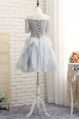 Grey Lace And Organza Homecoming Dress, Lovely Homecoming Dress , Short Evening Prom Dress