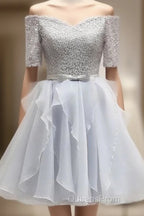 Grey Lace And Organza Homecoming Dress, Lovely Homecoming Dress , Short Evening Prom Dress