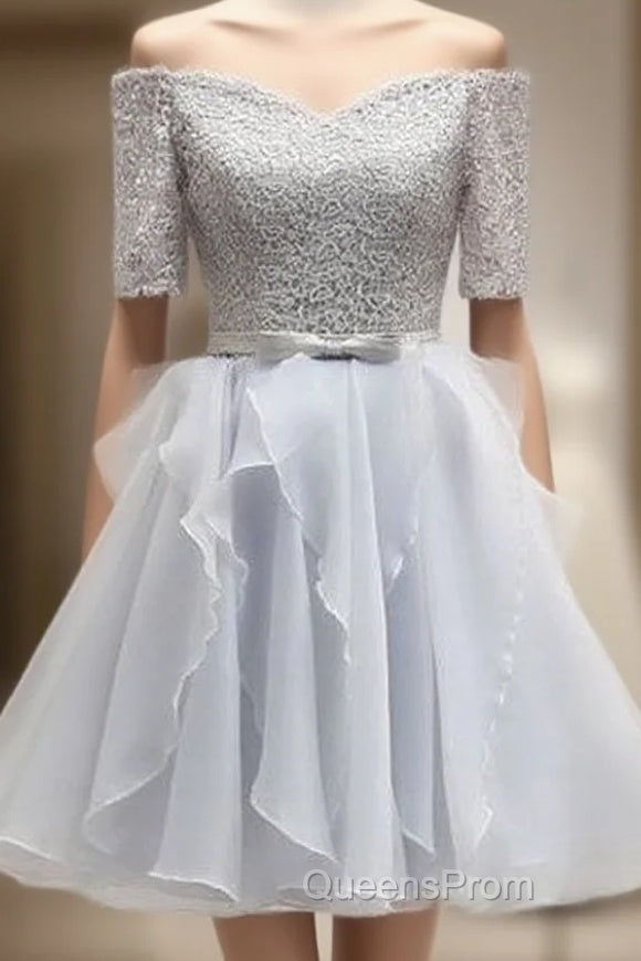Grey Lace And Organza Homecoming Dress, Lovely Homecoming Dress , Short Evening Prom Dress