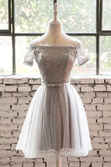 Grey Lace Tulle Short Sleeves Homecoming Dress Party Dress, Light Grey Formal Dress
