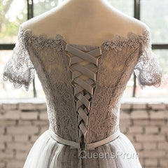 Grey Lace Tulle Short Sleeves Homecoming Dress Party Dress, Light Grey Formal Dress