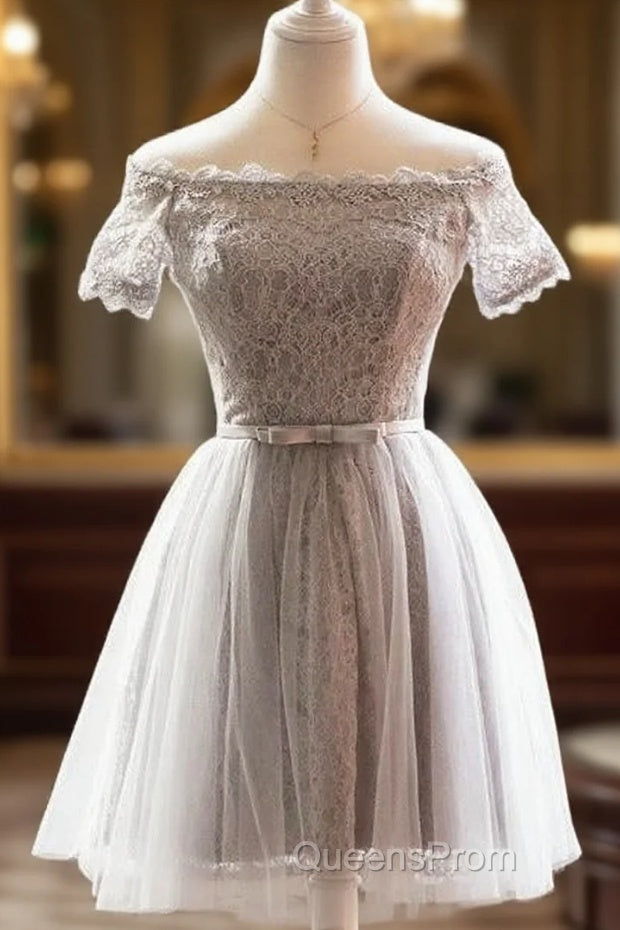 Grey Lace Tulle Short Sleeves Homecoming Dress Party Dress, Light Grey Formal Dress Main image