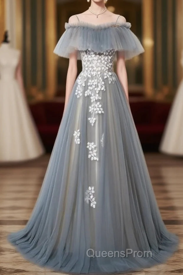 Grey Off Shoulder Straps Tulle With Lace Long Party Dress, Grey Formal Dress Main image