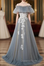 Grey Off Shoulder Straps Tulle With Lace Long Party Dress, Grey Formal Dress