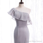 Grey One Shoulder Lace-up Shiny Long Prom Dress Party Dress, Grey Long Evening Dresses