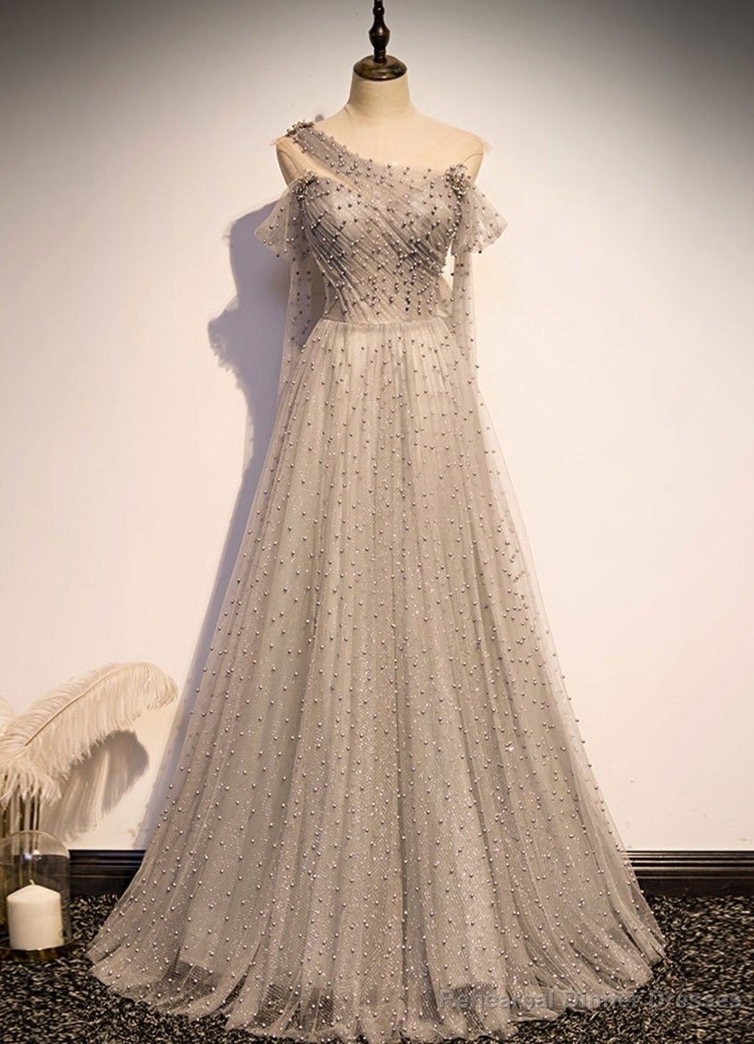 Grey One Shoulder Pearls Tulle Long Evening Dress, Light Grey Party Dress Formal Dress Secondary image