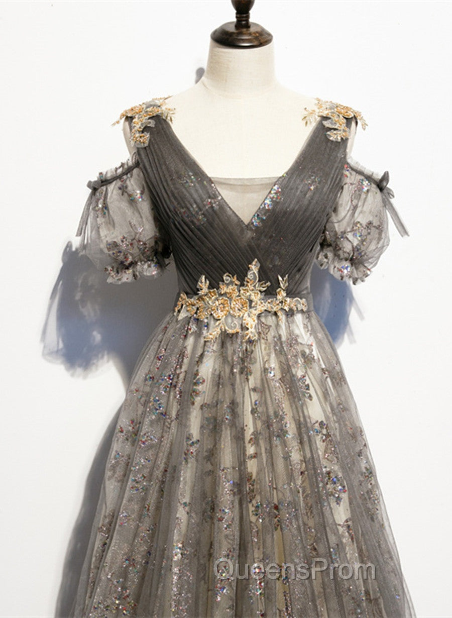 Grey Purple V-Neckline Tulle With Lace Evening Prom Dress, Off Shoulder A-Line Party Dress Secondary image