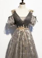 Grey Purple V-Neckline Tulle With Lace Evening Prom Dress, Off Shoulder A-Line Party Dress
