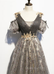 Grey Purple V-Neckline Tulle With Lace Evening Prom Dress, Off Shoulder A-Line Party Dress