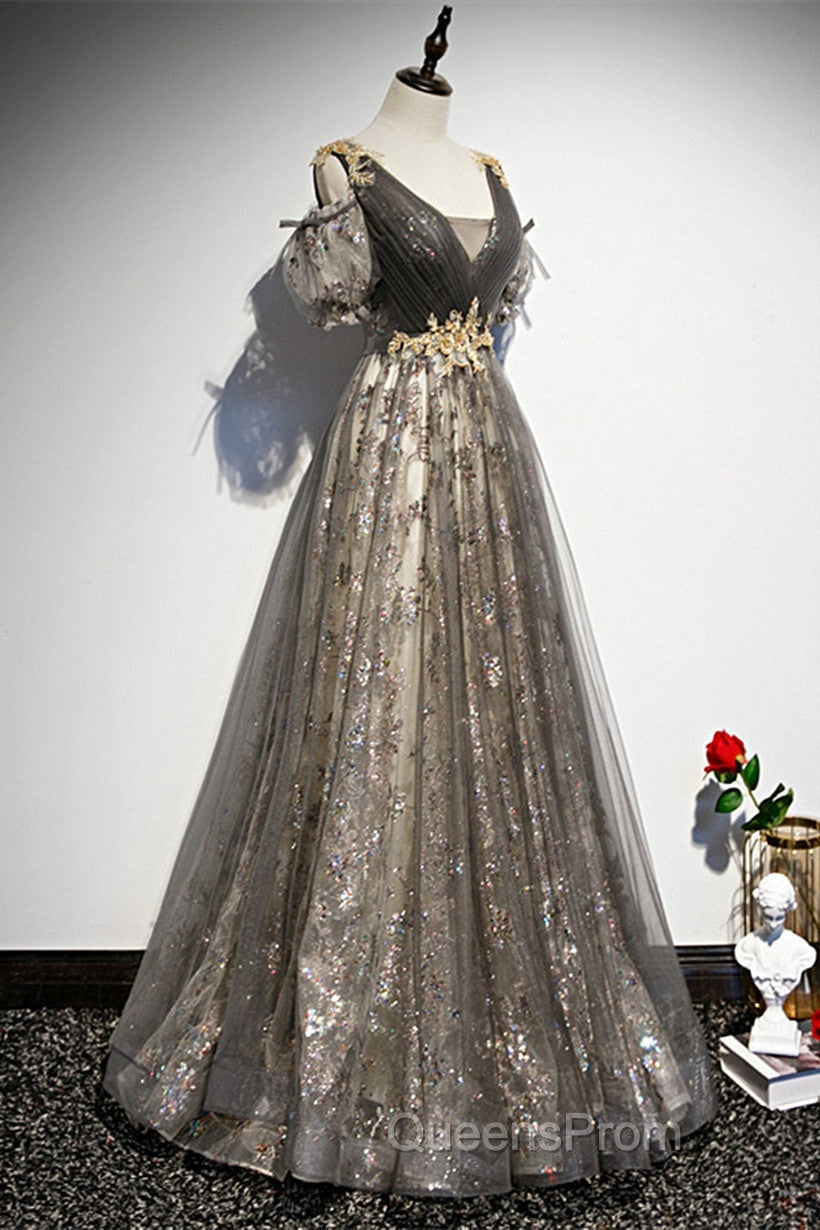 Grey Purple V-Neckline Tulle With Lace Evening Prom Dress, Off Shoulder A-Line Party Dress