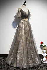 Grey Purple V-Neckline Tulle With Lace Evening Prom Dress, Off Shoulder A-Line Party Dress