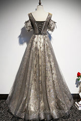 Grey Purple V-Neckline Tulle With Lace Evening Prom Dress, Off Shoulder A-Line Party Dress