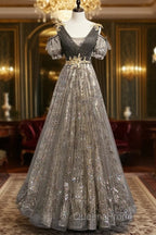 Grey Purple V-Neckline Tulle With Lace Evening Prom Dress, Off Shoulder A-Line Party Dress