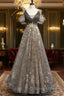 Grey Purple V-Neckline Tulle With Lace Evening Prom Dress, Off Shoulder A-Line Party Dress