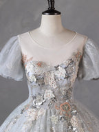 Grey Short Sleeves Tulle Ball Gown Evening Prom Dress, Grey Ball Gown Sweet 16 Dress