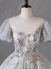 Grey Short Sleeves Tulle Ball Gown Evening Prom Dress, Grey Ball Gown Sweet 16 Dress