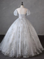 Grey Short Sleeves Tulle Ball Gown Evening Prom Dress, Grey Ball Gown Sweet 16 Dress