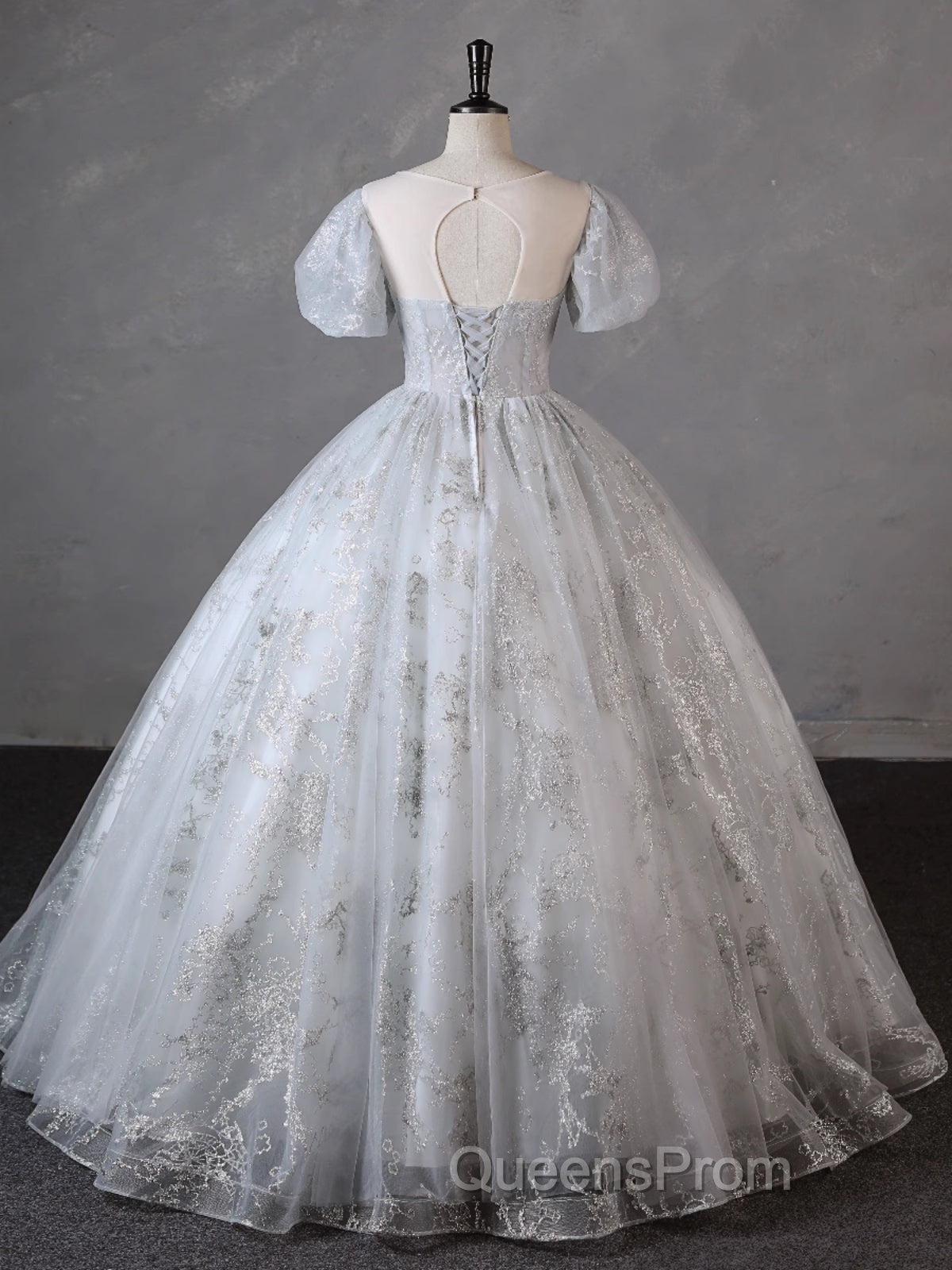 Grey Short Sleeves Tulle Ball Gown Evening Prom Dress, Grey Ball Gown Sweet 16 Dress