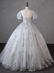 Grey Short Sleeves Tulle Ball Gown Evening Prom Dress, Grey Ball Gown Sweet 16 Dress