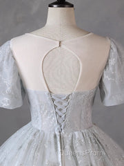 Grey Short Sleeves Tulle Ball Gown Evening Prom Dress, Grey Ball Gown Sweet 16 Dress