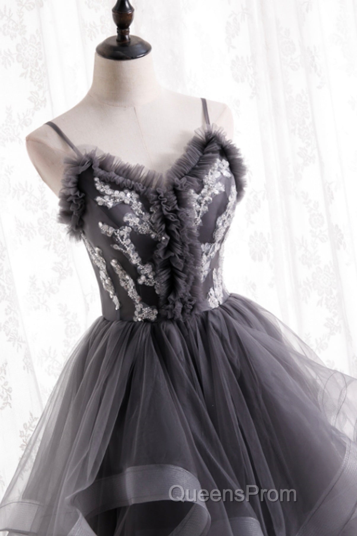 Grey Tulle Sweetheart Long Party Dress With Lace Applique, Grey Long Evening Prom Dress Secondary image