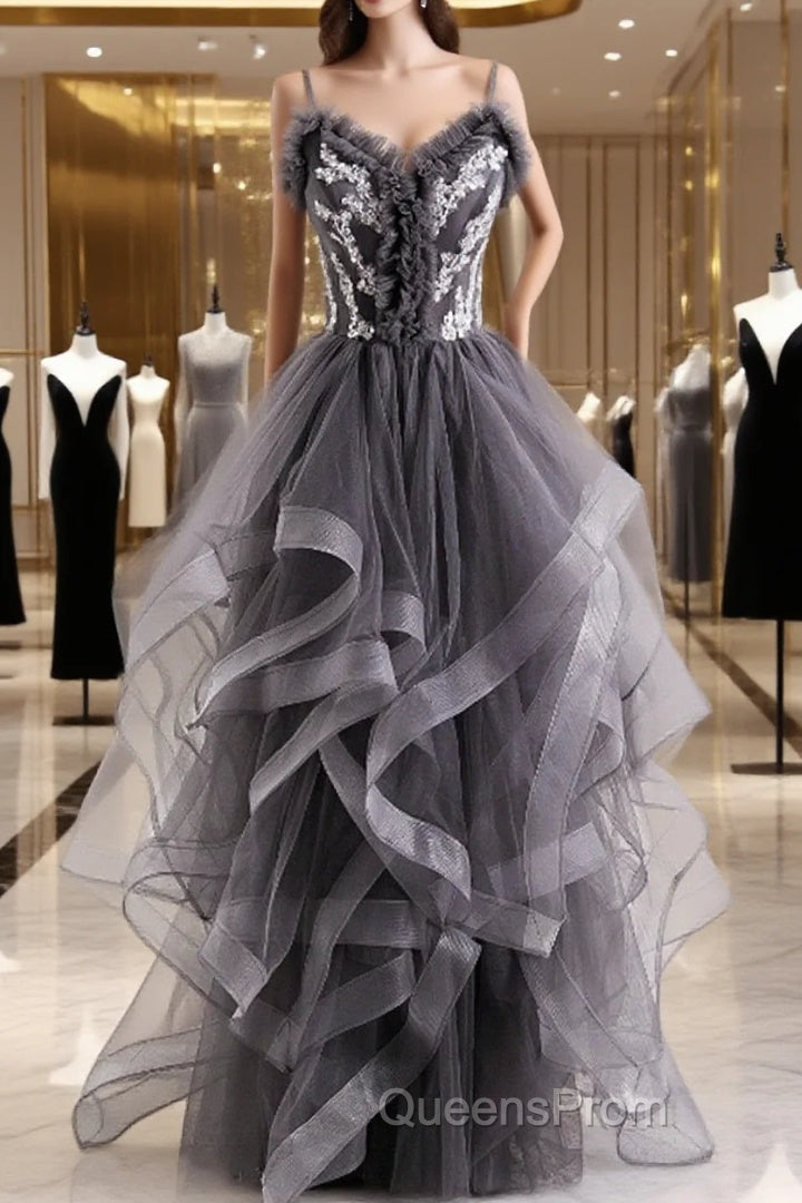 Grey Tulle Sweetheart Long Party Dress With Lace Applique, Grey Long Evening Prom Dress Main image