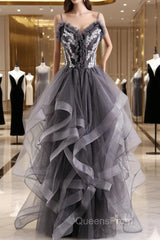 Grey Tulle Sweetheart Long Party Dress With Lace Applique, Grey Long Evening Prom Dress