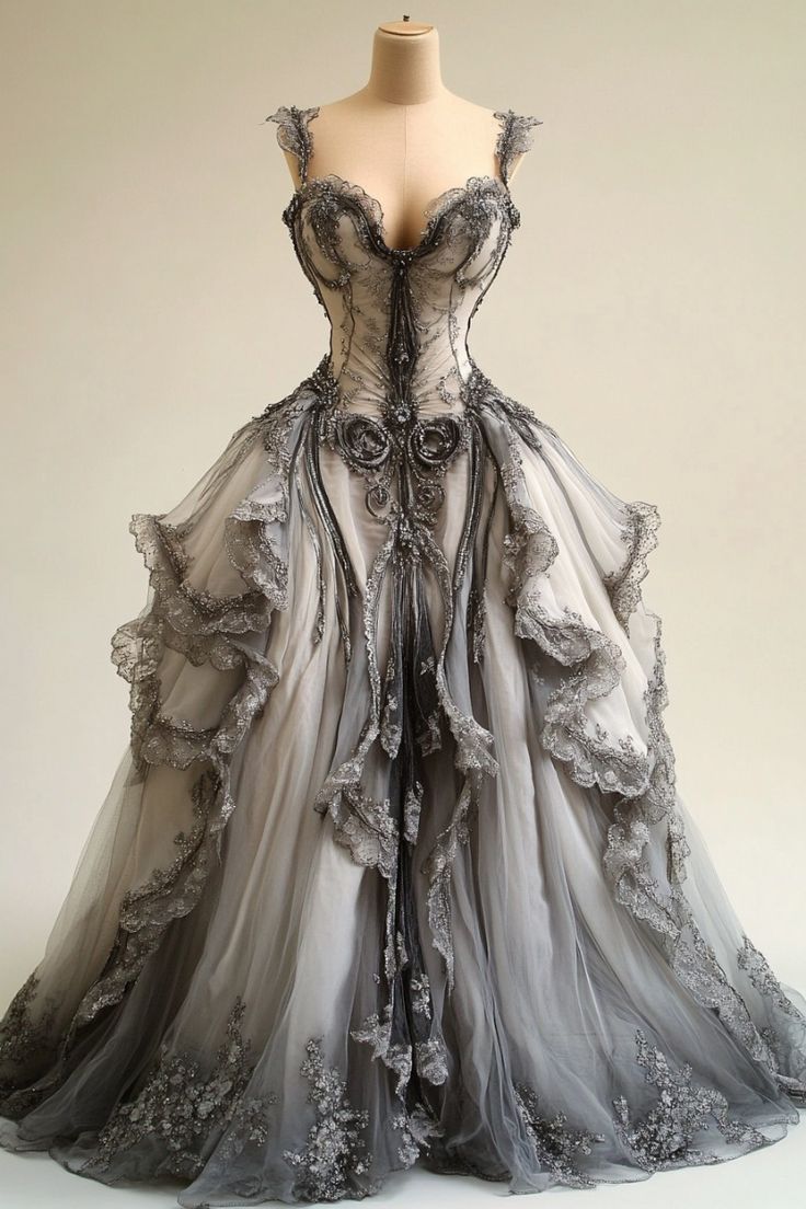 Grey V-Neck Lace Tulle Long Ball Gown, Vintage Classy Dress Main image