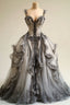 Grey V-Neck Lace Tulle Long Ball Gown, Vintage Classy Dress