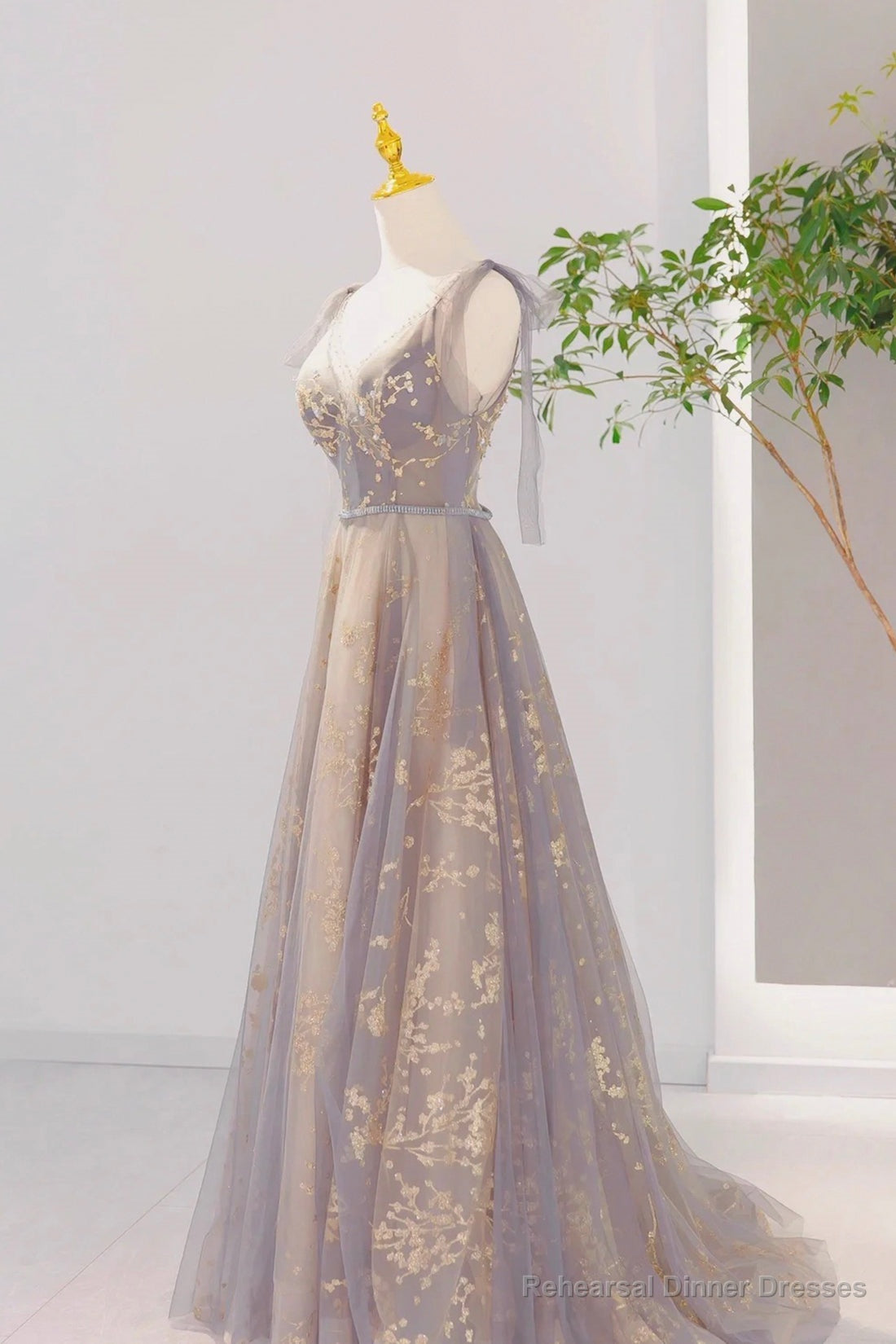 Grey V-Neck Sequins Long Formal Dress, Grey Tulle Prom Dress Main image
