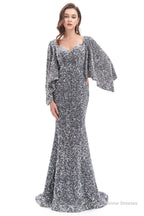 V-Neck Sequins Mermaid Prom Dresses with Sleeves
