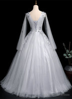 Grey V-neckline Ball Gown with Lace and Flowers Party Dress, Grey Sweet 16 Dress